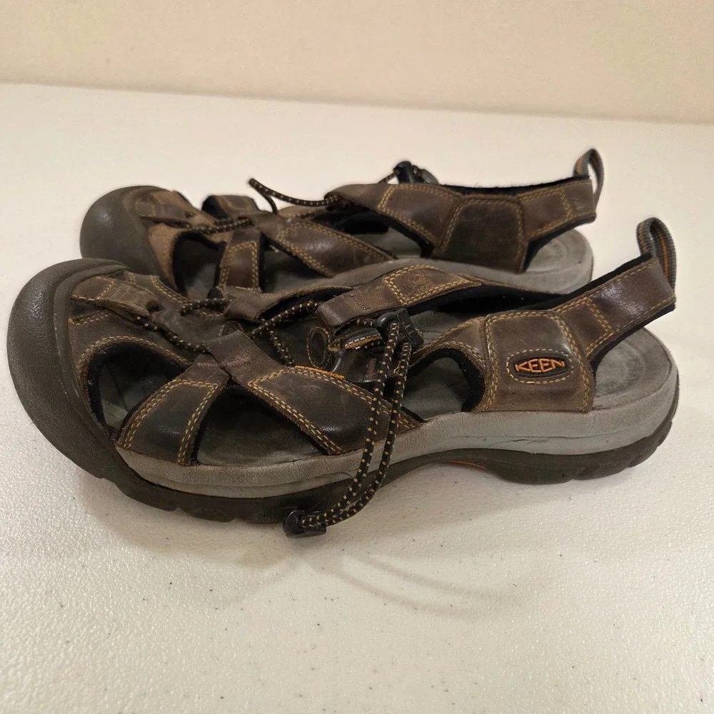Keen Mens Brown Leather‎ Waterproof Bungee Fisherman Hiking Sandals Toe Guard